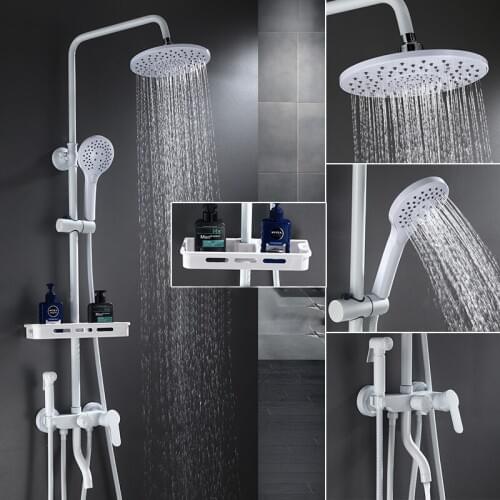 Bath and Shower Mixer Rainfall Shower Faucets White Brass Wall Mounted with Hand Shower Bathroom Rain Shower Taps Bidet Faucet