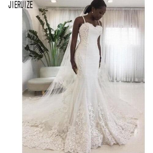 JIERUIZE African Mermaid Wedding Dresses Spaghetti Straps Lace Appliques Criss-Cross Back Long Wedding Gowns vestido de noiva
