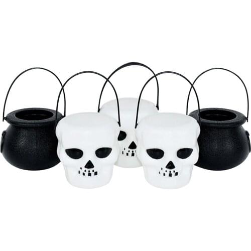 6pcs Halloween Candy Bucket Skull Cauldron Black/White Candy Kettles Portable Candy Bucket Halloween Party Decoration Supplies