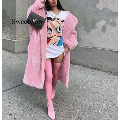 Women Warm Jacket Autumn Winter Fashion Loose Polar Fleece Long Sleeve Lapel Buckle Solid Color Ladies Thick Coat Plus Size