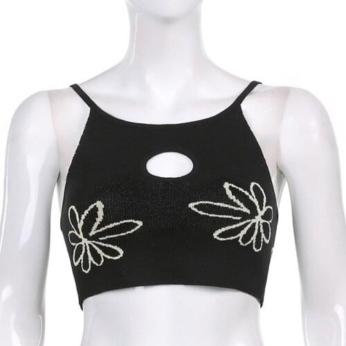 Knitted Floral Pattern Women Camisole Vest Hollow Out Tops Short Hollowed Sexy Cropped Tanks