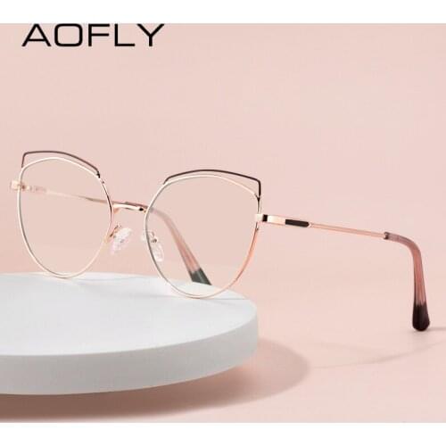 AOFLY Vintage Cat Eye Anti-blue Light Glasses Frames Men Women 2021 Metal Optical Reading Fashion Computer Glasses Ladies UV400