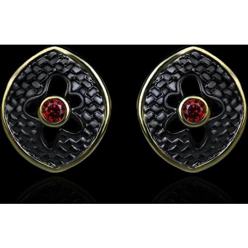 Retro Palace Style Black Gold Earrings Simple Hollow Red Zircon AAA Ladies Earrings Creative 925 Silver Womens Earrings