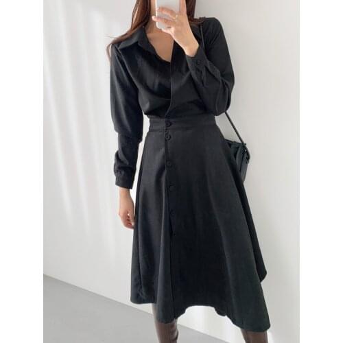 Vintage Turn-Down Neck Midi Ladies Dresses Women Shirt Dresses 2021 New Spring Long Sleeve Female Office Work Dress