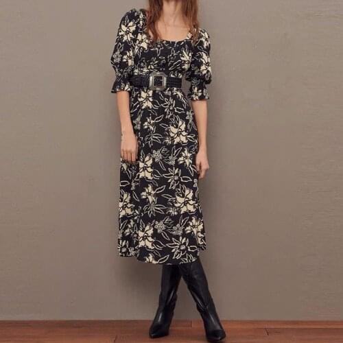 Women Summer Dress 2021 New High Waist viscose Midi Robe Square Collar Half Puff Sleeve Floral Printed Dresses with Buttons