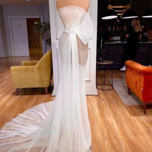 2021 New Strapless Evening Dress with Pearls Beading Sash Illusion Mermaid Prom Gowns Women Party Wear Second Reception Dress