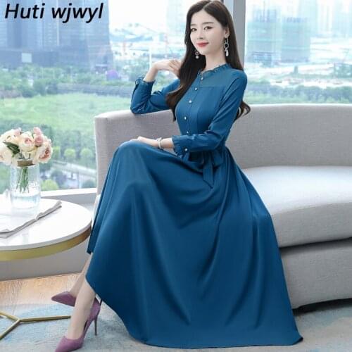 Autumn Winter Vintage Office Lady Acetate Satin Dress 2021 Elegnat Bodycon Casual Party Robe Women Long Sleeve Solid Maxi Dress