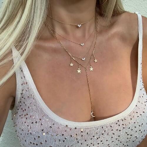 2020 Boho Vintage Gold Necklaces For Women Star Sequin Moon Heart Shaped Crystal Pendant Necklace Multilayer Female Jewelry Gift