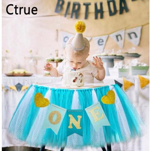 1set blue pink ONE Banner and Tulle chair skirt boy baby shower bunting girl First Birthday party 1st Birthday Party decoration