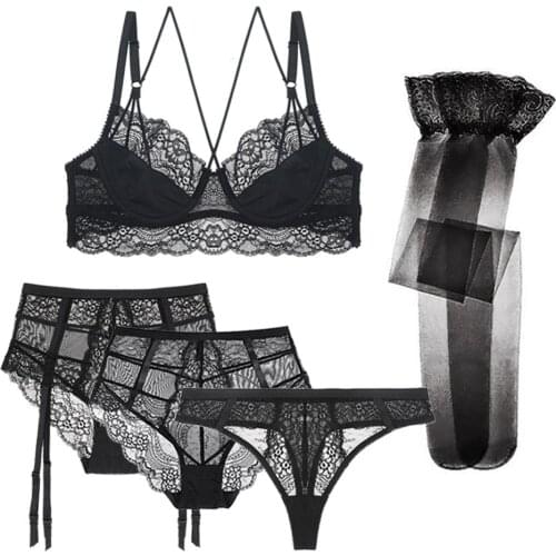 Sexy Y-strap Deep V Unlined Lace 3/4 Cup Bra Set Bra + high waist panties + thong + stockings 5 pieces