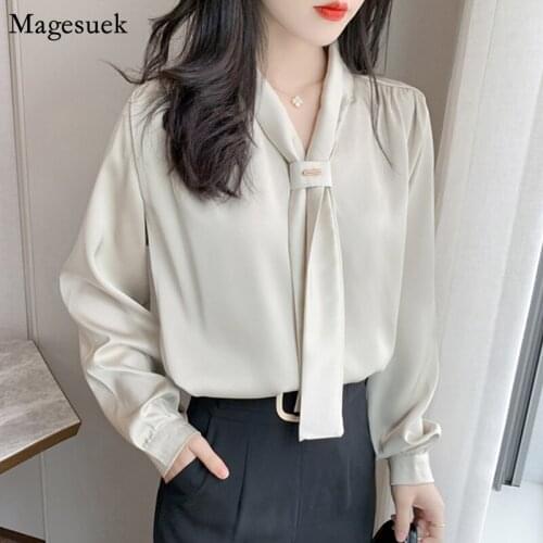 Spring Summer Office Lady Chiffon Shirt Tops Long Sleeve Shirts For Women Satin Blouse V-neck Loose Women Shirts Blouses 10842