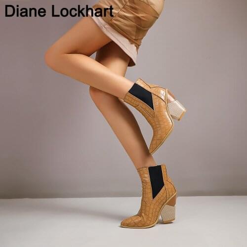 Elastic band Ankle Boots Women Thick High Heels Pointed Toe Western Cowboy Boots Female Western Shoes for Lady Cowgirl booties