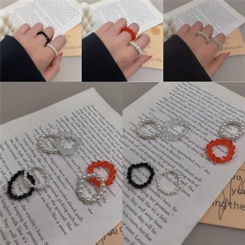 New Pearl Transparent Red Black Crystal Ring Handmade Acrylic Sweet Beaded Elastic Ring Adjustable For Women Girls Wedding Party