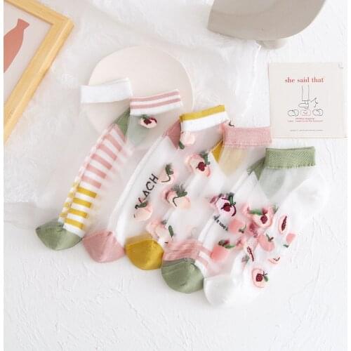 Summer Ultra-thin Transparent Womens Socks Fruits Embroidery Casual Short Socks Novelty Harajuku Retro Crystal Glass Silk Socks