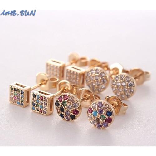 MHS.SUN Fashion Small Geometric Zircon Earrings Women Round/Square Stud Earrings Luxury AAA CZ Printed Jewelry 1Pair