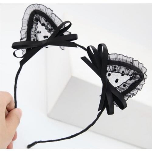 1PC Cute Mesh Lace Dot Cat Ear Hairbands Simple Solid Ribbon Bow Fox Ears Hair Bands For Women Headwear Girls Cute Accessory Hot