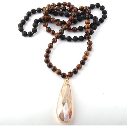 Fashion Bohemian Jewelry 108pc Tiger Eye/Lava Stone Knotted Big Crystal Drop Pendant Necklace For Women Ethnic Necklace
