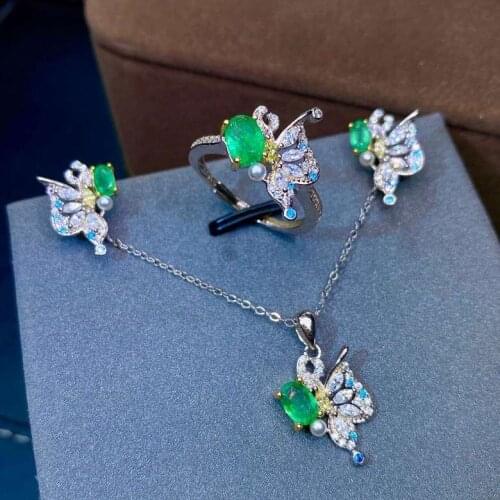 Fashion grace Butterflies Natural green Emerald jewelry sets natural gem ring Pendant earrings S925 silver woman gift jewelry