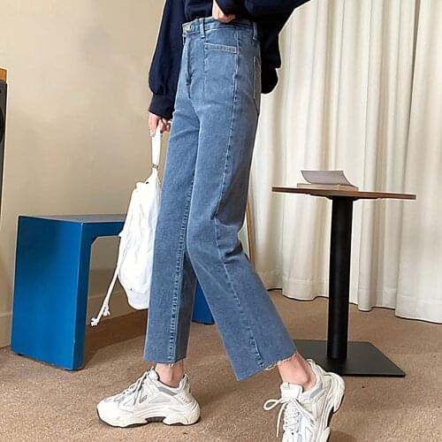Fashion Light Blue Denim Pants Long Straight Long Wide Jeans Women High Waist Trousers Buttons Pockets Straight Pants Long Jeans