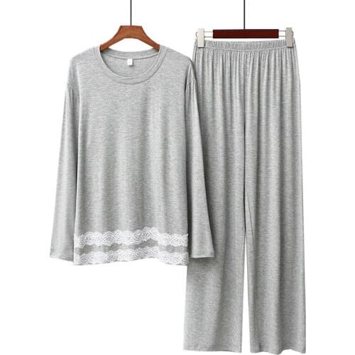 Japanese Simple Lace 2PCS Pajama Long Sleeve Solid Pijama Mujer Femme Loose Nightwear Suit Female Casual Homewear Pajama Set