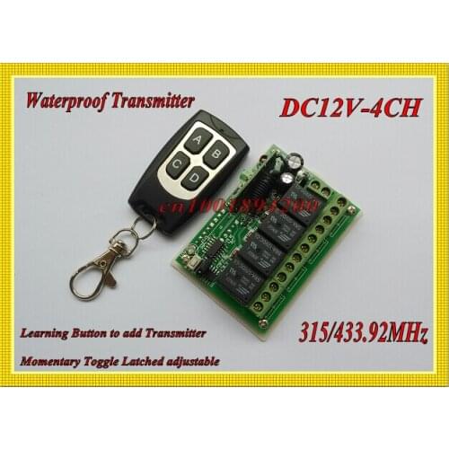 12V DC 4CH Relay 1 Receiver & 1 Transmitter RF Wireless remote control Switch Momentary Toggle Latched Waterproof Transmitter