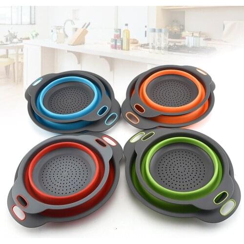 Collapsible Colander Strainer Basket with Handle Foldable Wash Basin Silicone Drain Washing Basket Kitchen
