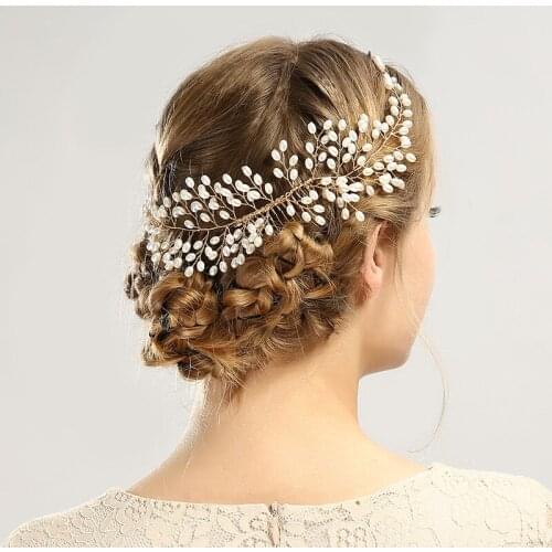 SLBRIDAL Handmade Gold Wired Pearls Flower Wedding Hair Comb Headband Hairband Bridal Hair accessories Bridesmaids Jewelry Women