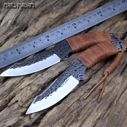 MARS MADAM Free shipping Handmade 9CR18MOV Tactical Knife Fixed Blade Camping Knife Sheaths Leather Handle thickness 0.5 CM