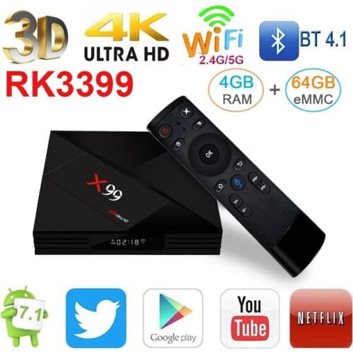X99 4GB 64GB Rockchip RK3399 Android 7.1 Smart TV BOX 2.4G&5GHz Dual WIFI BT4.0 1000M LAN USB3.0 Type-c Media Player