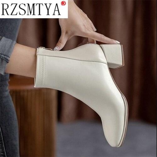 2021 Autumn women Ankle Boots pu Leather thick High Heel Short Boots Winter Zip Square Toe Shoes Lady women shoes