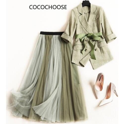 Women elegant double breasted blazer plaid jacket + color block long mesh tutu skirt 2 piece set outfits new 2019 spring green