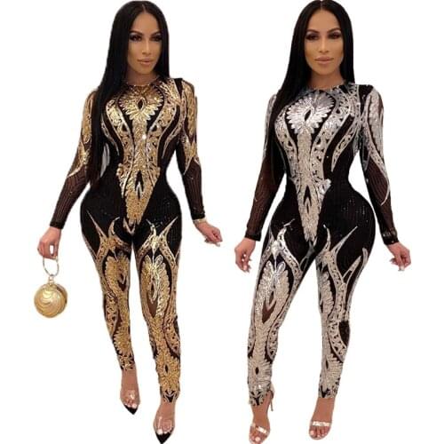 Plus Size Gold Silver Sexy Sequin Bodycon Mesh Jumpsuit Women See Through Party Club Rompers Tight Jumpsuits Long Pants S-3XL