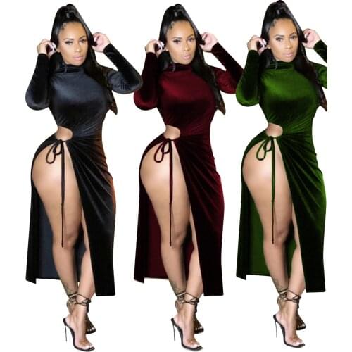CM.YAYA Women Autumn Velvet High Split Bodycon Midi Maxi Dress Long Sleeve Cut Out Pencil Bandage Sexy Party Night Club Dresses