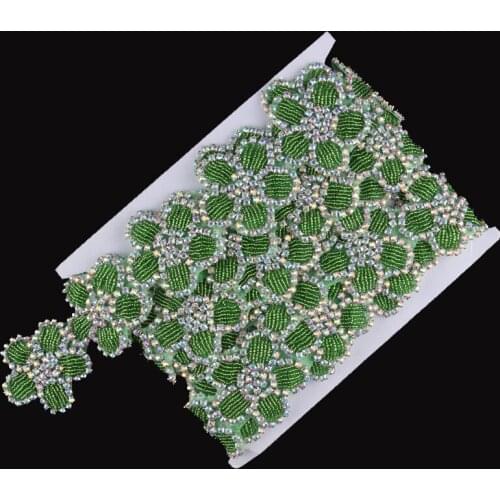 1Yard Handmade Bling Beaded Green Rhinestone Applique Trim New Flower Crystal Rhinestone Patch Trimming For DIY Wedding/Evening