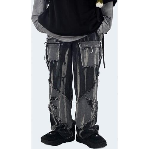 Black Cool Punk Unisex Washed Jeans 2020 Woman Man Vintage Tassel Bleached Broken Ankle-length Gothic Button Zip Long Trousers