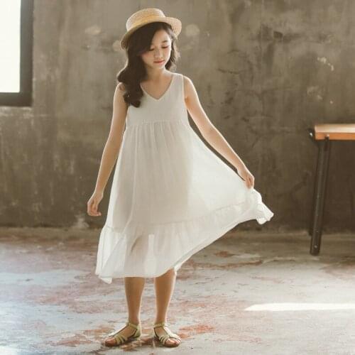 Kids Girls Sleeveless Dress Summer New Fashion Children Cotton Cute Bow Long Style Dress Big Girls Elegant Beach Dress, #8870