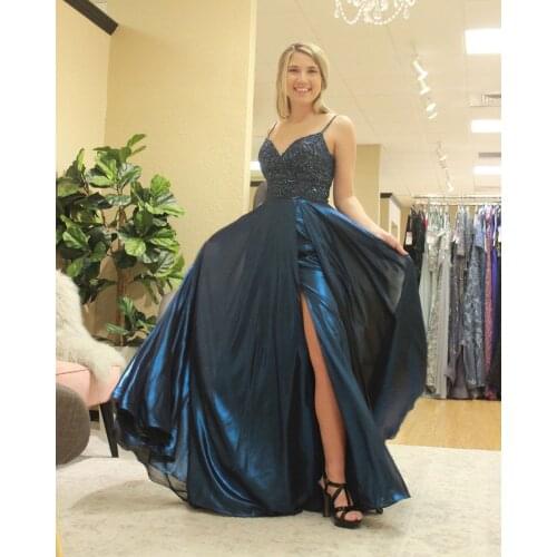 Long Satin Beaded Prom Dresses V Neck A Line High Split Side Formal Evening Party Gown Robe De Soiree