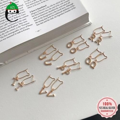 ElfoPlataSi Real 925 Sterling Silver Fashion Champagne Gold 26 Letter Dazzling CZ Dangle Earring For Women Christmas Gift DS815