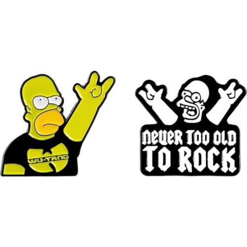 Simpson Rock and Roll Band Enamel Pins NEVER TOO OLD TO ROCK Lapel Brooches Funny Anime Jewelry Bag Accessory Shirt Gift