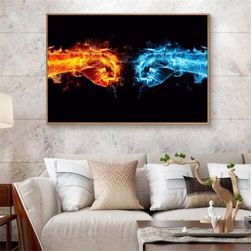 Fire And Water Fist Fighting Creative Canvas Painting Wall Art Poster And Prints Picture Wall Painting Decoration For Living Roo