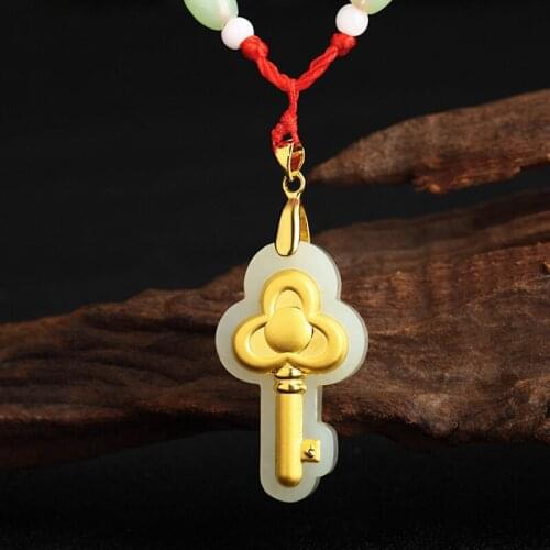 Jadery Natural Jade Necklaces Pendants Men Women Real Pure Gold Key Gemstone Jade Pendant Long Necklace For Wedding Jewelry Gift