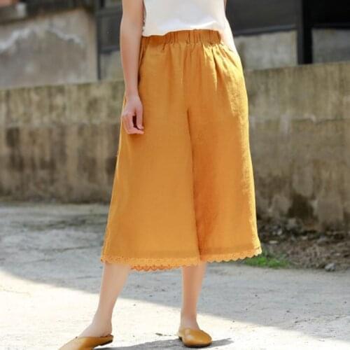 Johnature Summer Cotton Linen Retro Pocket Elastic Waist 4 Color Wide Leg Pants 2021 New Loose Comfortable All-match Women Pants