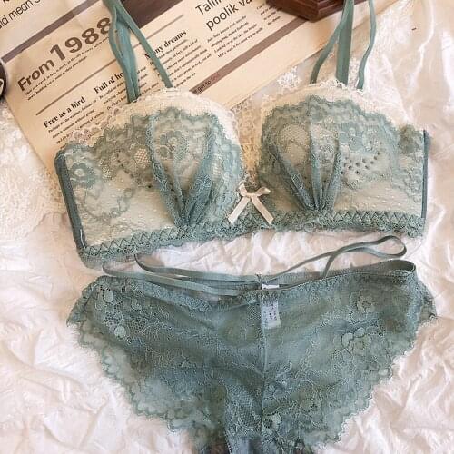 Sexy lace half cup bralette without steel ring big breasts gathered bra set tube top underwear women push up sweet lingerie set