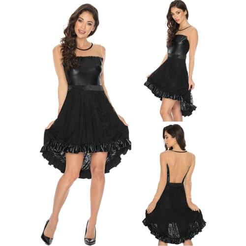 PU Leather Lace Dress Women Sheer Mesh Long Sleeve Backless Ruffles A-Line Lace Vestidos Party Dress See Through Sexy Clubwear