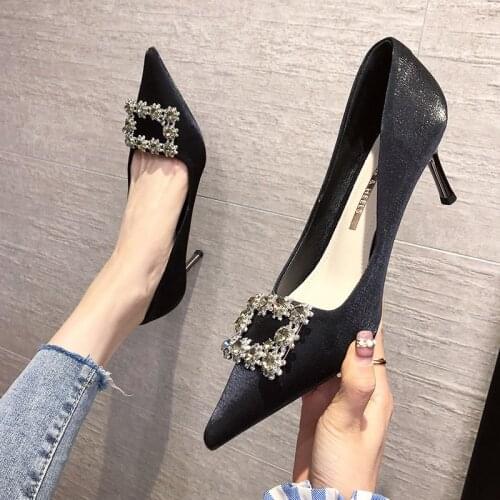 Pointed high heeled shoes womens thin heel 2021 spring new years gift Tonghui Wedding Black single shoes size