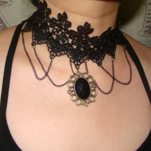 Party Queen Gothic Punk Style Gem Decorative Women Black Lace Velvet Beaded Tassels Choker Collar Necklace Fashion Jewelry
