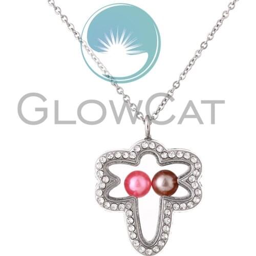 Glass Rhinestone Dragonfly Pendant Necklace Silver Color Locket Pearl Cage Pendant Steel Chain Necklace