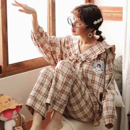 Pajama Sets Women Sweet Plaid Simple Korean Button Spring Long Sleeve Schoolgirls Sleepwear Winter Soft Fashion Cute Lady Pajama