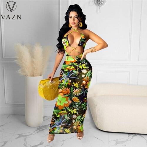 VAZN 2021 INS Floral Holiday Sleeveless V-neck Elegant Maxi Party Dresses Sexy Club Birthday Dress Women Elegant Fashion Dress
