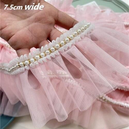 Pink Widened Pleated Beaded Gauze Lace Fabric DIY Childrens Dress Cake Skirt Neckline Fluffy Cuffs Home Textile Pet Bib Sewing
